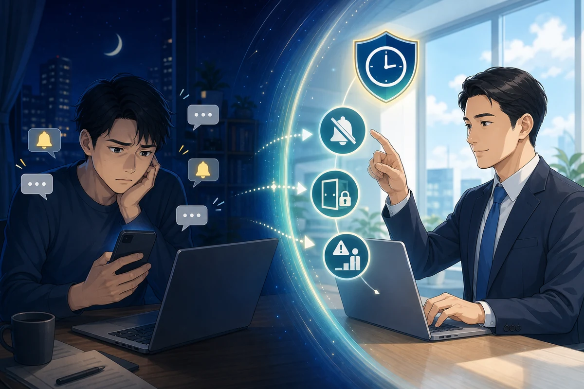 夜間の通知に悩む在宅勤務者と、時間外連絡の制限やシステム停止を設定する管理者を対比した場面