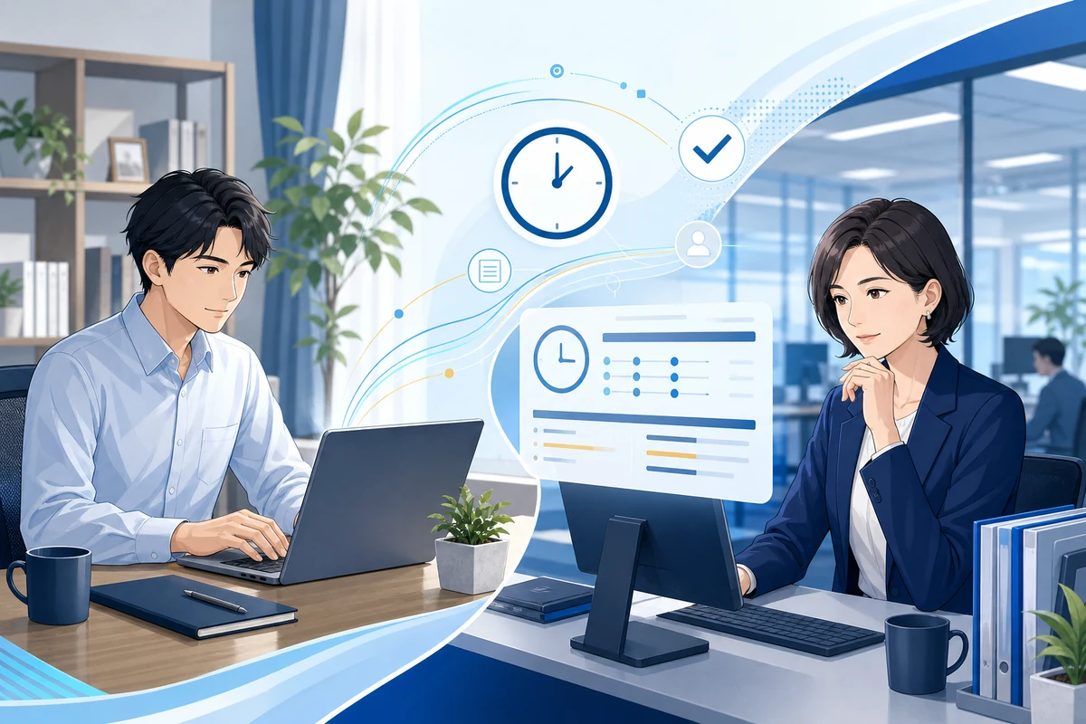 在宅勤務をする従業員と、人事担当者が勤怠打刻やパソコンの記録を照らし合わせている場面