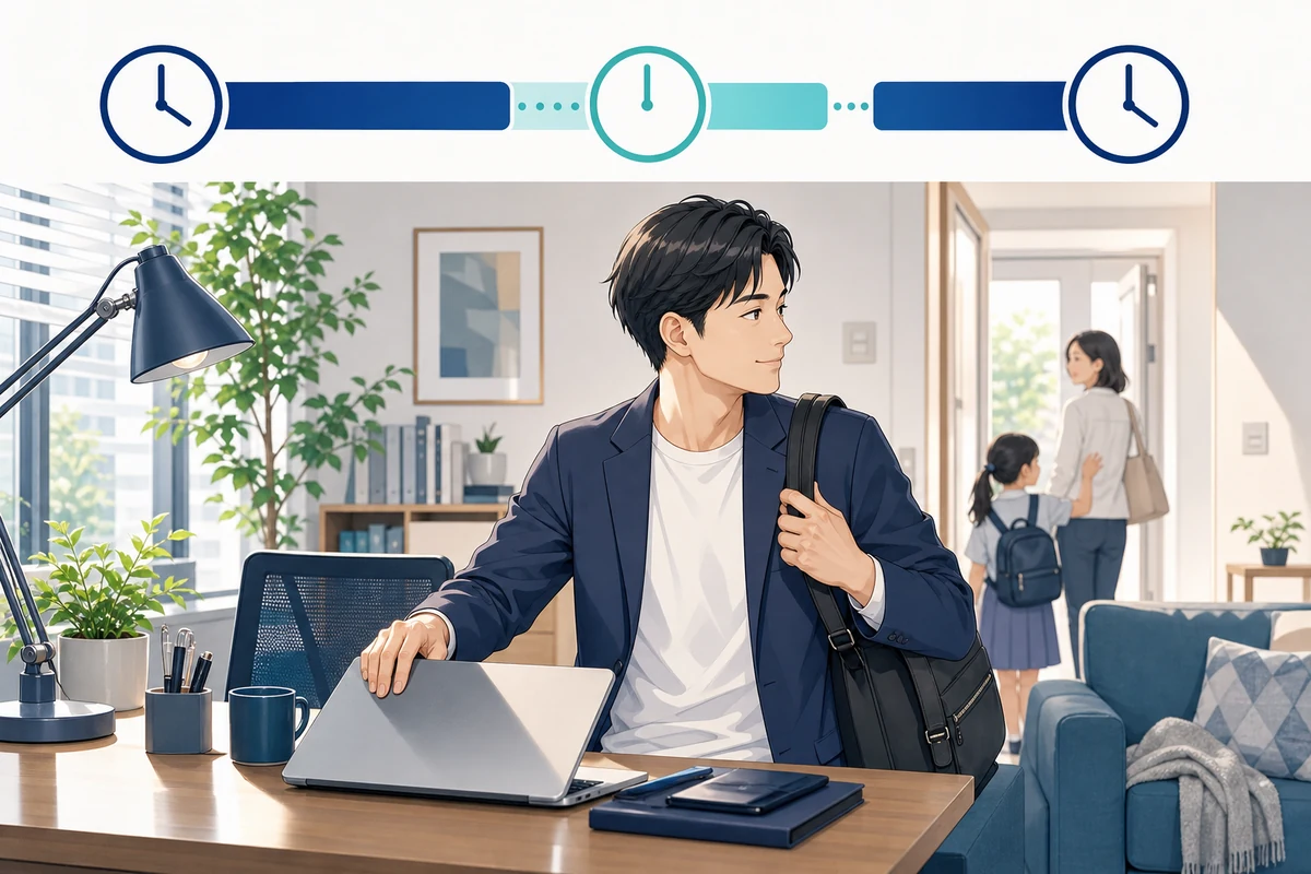 在宅勤務中の従業員が家族の送迎のため仕事を中断し、中抜けの開始と終了を記録している場面