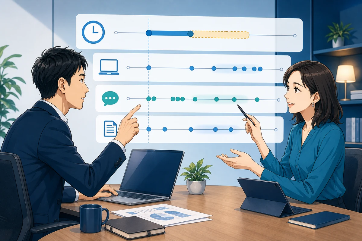 人事担当者が勤怠打刻、パソコンの使用記録、メールやチャットの時刻を比較し、従業員へ状況を確認している場面