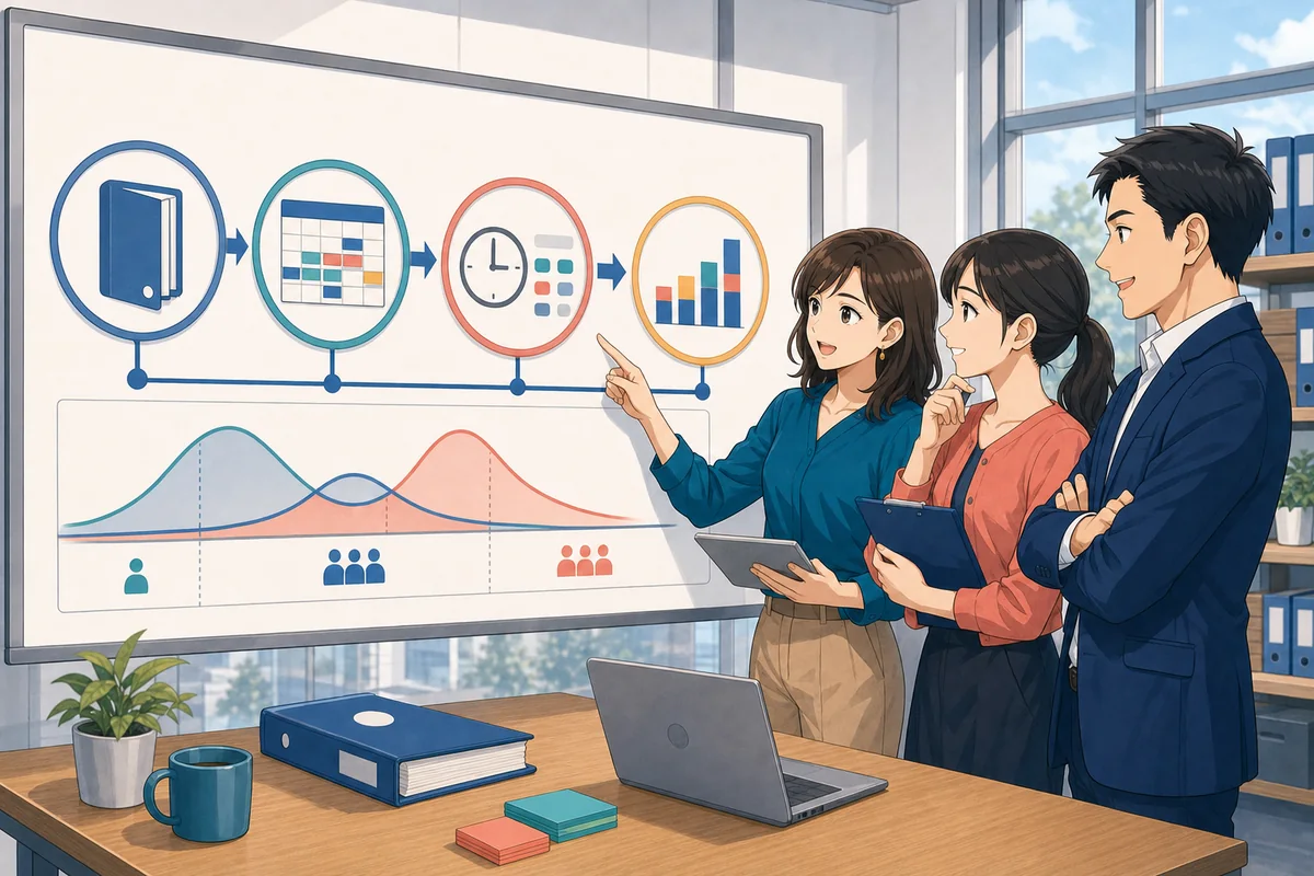 人事、給与、店舗の担当者が、就業規則、確定シフト、勤怠実績、給与計算を一つの流れとして整合させている場面