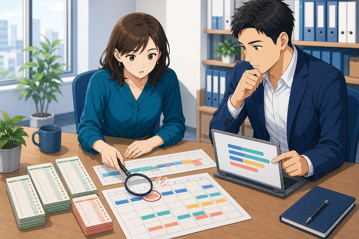 給与担当者と人事担当者が、日、週、1か月の三つの集計層と勤怠システムの結果を照合している場面