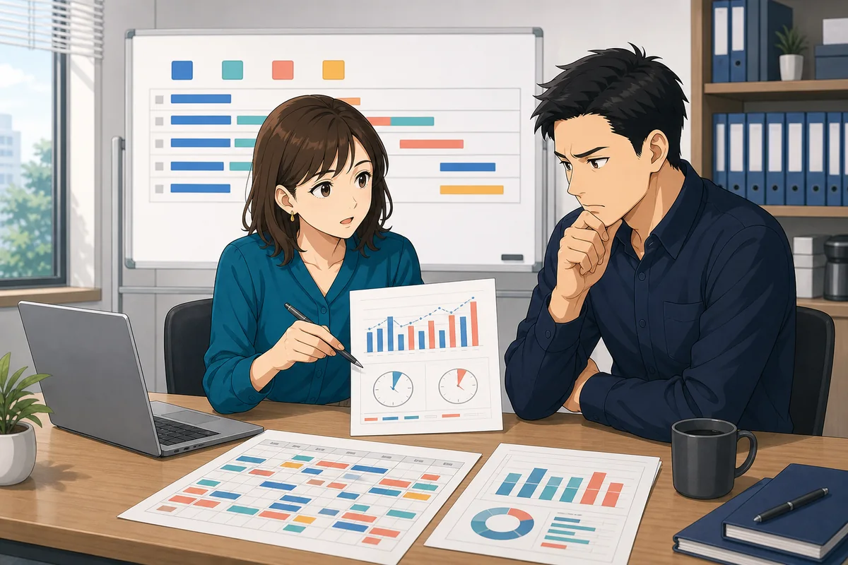 人事担当者と店舗責任者が、変形労働時間制の導入後も増えている残業の集計表と確定シフトを突き合わせている場面