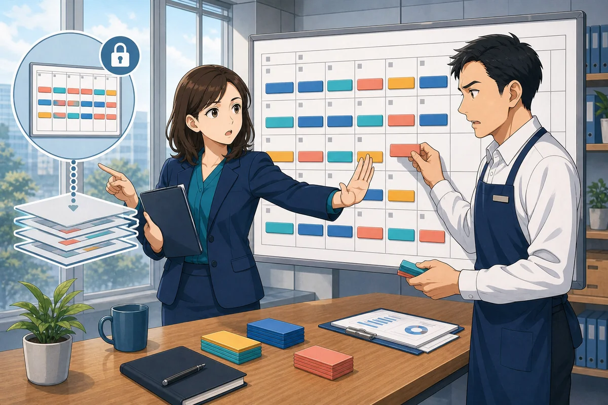 月の途中で確定シフトを動かそうとする店舗責任者へ、人事担当者が確定版と変更履歴を確認するよう促している場面
