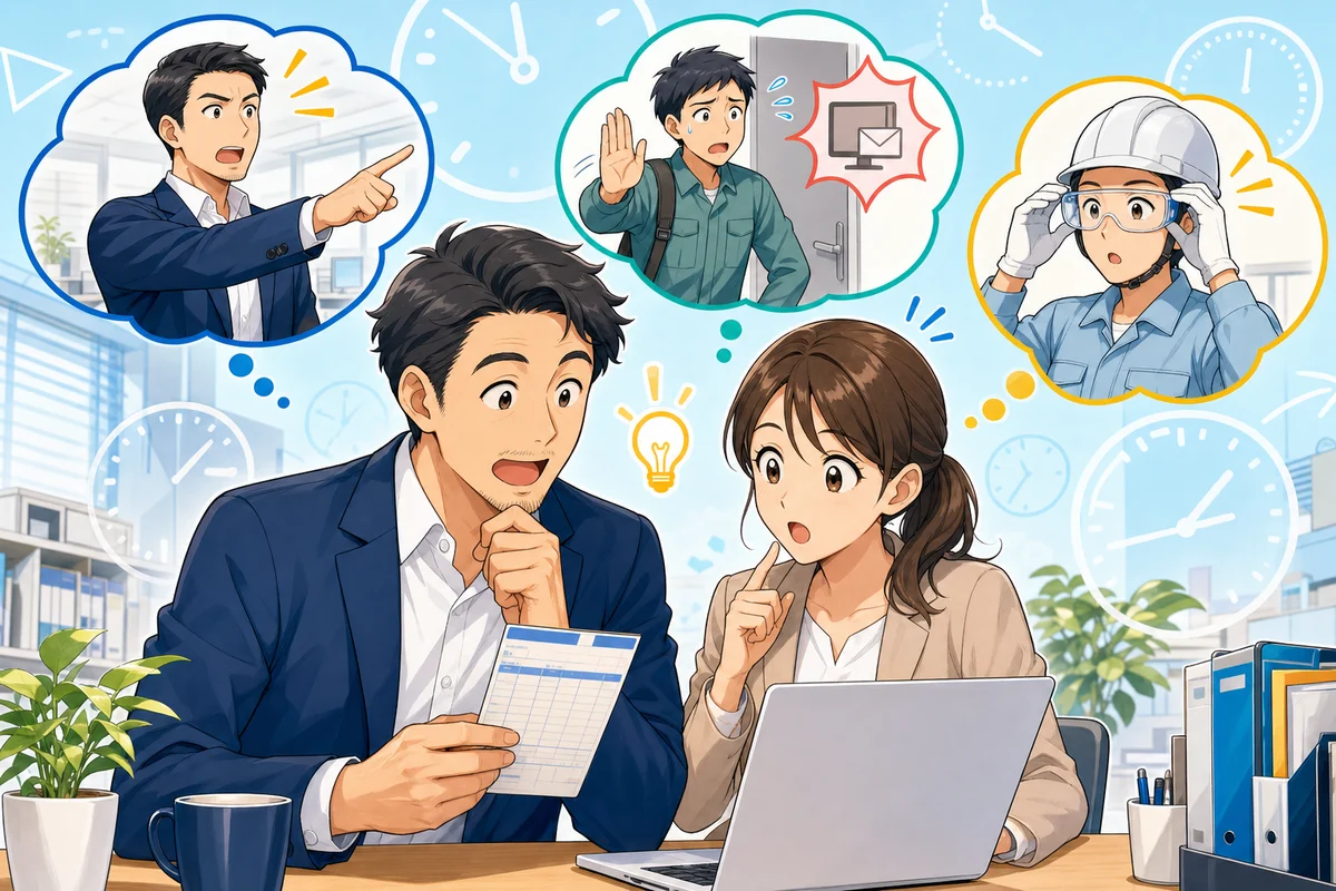 経営者と人事担当者が勤怠記録を確認しながら、業務上の指示、行動の制約、仕事の準備という3つの判断材料を検討しているイラスト